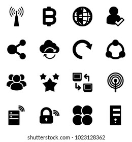 Solid vector icon set - antenna vector, bitcoin, globe, user check, share, refresh cloud, redo, community, group, stars, data exchange, server wireless, lock, atom core