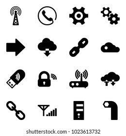 Solid vector icon set - antenna vector, phone, gear, right arrow, download cloud, link, usb wi fi, wireless lock, router, exchange data, fine signal, server, allen key