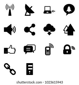 Solid vector icon set - antenna vector, satellite, notebook connect, merry christmas message, volume medium, share, download cloud, arrow up, finger, dialog, mobile phone, wireless lock, link