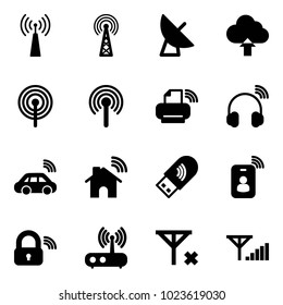 Solid vector icon set - antenna vector, satellite, upload cloud, printer wireless, headphones, car, home, usb wi fi, identity card, lock, router, no signal, fine