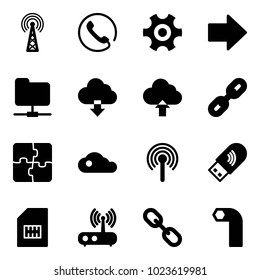 Solid vector icon set - antenna vector, phone, gear, right arrow, network folder, download cloud, upload, link, puzzle, usb wi fi, sim, router, allen key