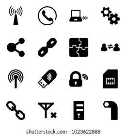 Solid vector icon set - antenna vector, phone, notebook connect, gear, share, link, puzzle, information exchange, usb wi fi, wireless lock, sim, no signal, server, allen key