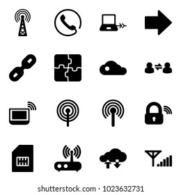 Solid vector icon set - antenna vector, phone, notebook connect, right arrow, link, puzzle, cloud, information exchange, wi fi, wireless lock, sim, router, data, fine signal