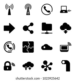 Solid vector icon set - antenna vector, phone, notebook connect, right arrow, share, network folder, download cloud, horn, puzzle, wi fi, wireless lock, exchange data, molecule, allen key