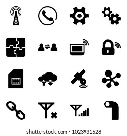 Solid vector icon set - antenna vector, phone, gear, puzzle, information exchange, notebook wi fi, wireless lock, sim, cloud data, satellite, molecule, link, no signal, fine, allen key