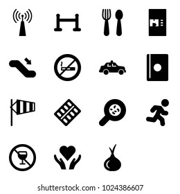 Solid Vector Icon Set - Antenna Vector, Vip Zone, Spoon And Fork, Coffee Machine, Escalator Down, No Smoking Sign, Safety Car, Passport, Side Wind, Pills Blister, Bacteria, Run, Alcohol, Heart Care