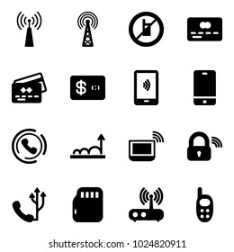 Solid vector icon set - antenna vector, no mobile sign, credit card, payment, phone, horn, growth, notebook wi fi, wireless lock, micro flash, router, toy