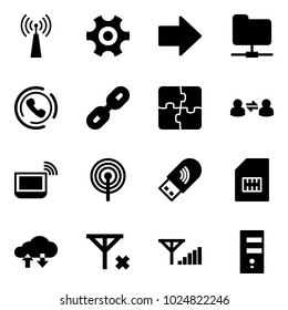 Solid vector icon set - antenna vector, gear, right arrow, network folder, phone horn, link, puzzle, information exchange, notebook wi fi, usb, sim, cloud data, no signal, fine, server
