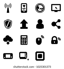 Solid vector icon set - antenna vector, mobile heart monitor, no trailer road sign, cursor, shield, uplooad, user, share, download cloud, calculator, mouse wireless, lock, game console, monoblock pc