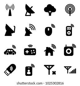 Solid vector icon set - antenna vector, satellite, upload cloud, mouse wireless, music player, car, joystick, home, speaker, usb wi fi, identity card, no signal, fine