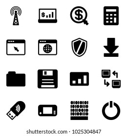 Solid vector icon set - antenna vector, account statistics, money click, calculator, cursor browser, globe, shield, download, folder, save, data exchange, usb wi fi, game console, binary code