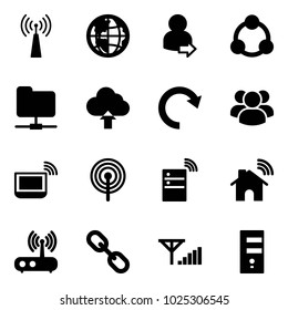 Solid vector icon set - antenna vector, globe, user login, social, network folder, upload cloud, redo, group, notebook wi fi, server wireless, home, router, link, fine signal