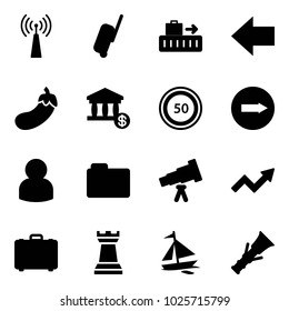 Solid vector icon set - antenna vector, suitcase, baggage, left arrow, eggplant, account, speed limit 50 road sign, only right, user, folder, telescope, growth, case, chess tower, sail boat, dowel