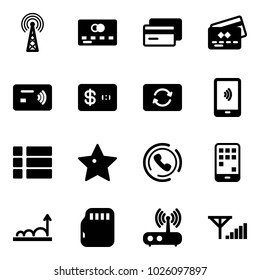 Solid vector icon set - antenna vector, credit card, tap pay, exchange, mobile payment, menu, star, phone horn, growth, micro flash, wi fi router, fine signal