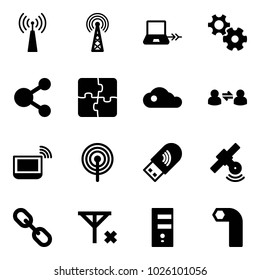 Solid vector icon set - antenna vector, notebook connect, gear, share, puzzle, cloud, information exchange, wi fi, usb, satellite, link, no signal, server, allen key