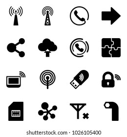 Solid vector icon set - antenna vector, phone, right arrow, share, upload cloud, horn, puzzle, notebook wi fi, usb, wireless lock, sim, molecule, no signal, allen key