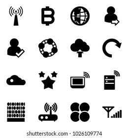 Solid vector icon set - antenna vector, bitcoin, globe, user login, check, friends, upload cloud, redo, stars, notebook wi fi, server wireless, binary code, router, atom core, fine signal