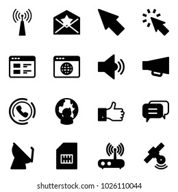 Solid vector icon set - antenna vector, star letter, cursor, website, browser globe, volume medium, loudspeaker, phone horn, man, finger up, dialog, satellite, sim, wi fi router