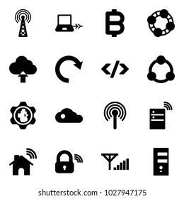 Solid vector icon set - antenna vector, notebook connect, bitcoin, friends, upload cloud, redo, tag code, community, gear globe, server wireless, home, lock, fine signal