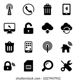 Solid vector icon set - antenna vector, phone, trash bin, mobile payment, monitor cursor, unlocked, download cloud, refresh, wireless home, lock, sim, magnifier, wrench screwdriver