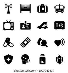 Solid Vector Icon Set - Antenna Vector, Fenced Area, Suitcase, Airport Bus, Tv, Identity, Trap Truck, Safe, Pills, Medical Patch, Blood Test, Heart Beat, Mask, Bottle, Sweet Pepper