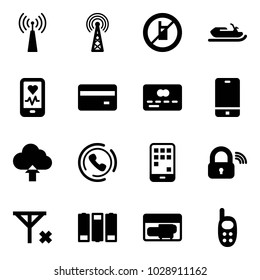Solid vector icon set - antenna vector, no mobile sign, snowmobile, heart monitor, credit card, phone, upload cloud, horn, wireless lock, signal, battery, generator, toy