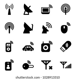 Solid vector icon set - antenna vector, satellite, notebook wi fi, mouse wireless, music player, car, speaker, usb, identity card, key, no signal, fine