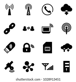 Solid vector icon set - antenna vector, phone, download cloud, link, information exchange, notebook wi fi, usb, wireless lock, sim, data, satellite, molecule, fine signal, server