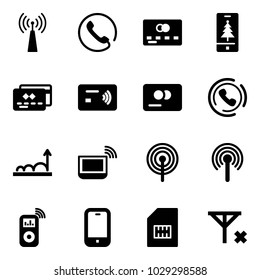 Solid vector icon set - antenna vector, phone, credit card, christmas mobile, tap pay, horn, growth, notebook wi fi, music player, sim, no signal