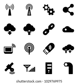 Solid vector icon set - antenna vector, gear, share, download cloud, upload, link, notebook wi fi, usb, exchange data, satellite, fine signal, server, allen key