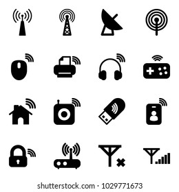 Solid vector icon set - antenna vector, satellite, mouse wireless, printer, headphones, joystick, home, speaker, usb wi fi, identity card, lock, router, no signal, fine