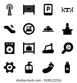 Solid vector icon set - antenna vector, fenced area, parking sign, cafe, escalator down, no computer, client bell, recieptionist, baggage room, treadmill, bacteria, heart gear, liquid soap, eggplant