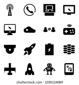 Solid vector icon set - antenna vector, phone, atm, monitor cursor, cloud, information exchange, joystick wireless, surveillance camera, rocket, battery, carbon, milling cutter, robot, game console