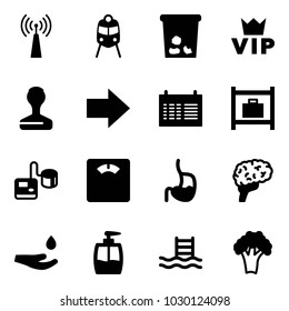 Solid vector icon set - antenna vector, train, trash, vip, stamp, right arrow, schedule, baggage room, tonometer, floor scales, stomach, brain, drop hand, liquid soap, pool, broccoli