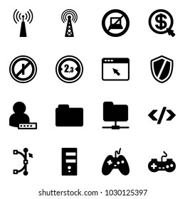 Solid vector icon set - antenna vector, no computer sign, money click, parkin odd, limited width road, cursor browser, shield, user password, folder, network, tag code, bezier, server, joystick