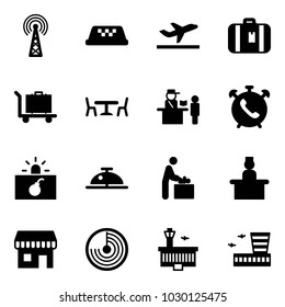 Solid vector icon set - antenna vector, taxi, departure, suitcase, baggage, cafe, passport control, phone alarm, terrorism, client bell, baby room, recieptionist, duty free, radar, airport building