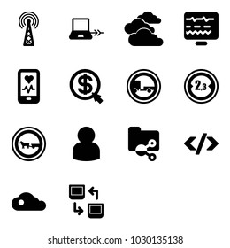 Solid vector icon set - antenna vector, notebook connect, clouds, diagnostic monitor, mobile heart, money click, no trailer road sign, limited width, cart horse, user, shared folder, tag code, cloud