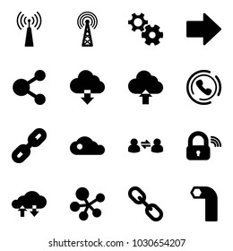 Solid vector icon set - antenna vector, gear, right arrow, share, download cloud, upload, phone horn, link, information exchange, wireless lock, data, molecule, allen key
