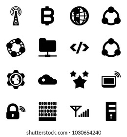 Solid vector icon set - antenna vector, bitcoin, globe, social, friends, network folder, tag code, community, gear, cloud, stars, notebook wi fi, wireless lock, binary, fine signal, server