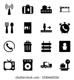 Solid vector icon set - antenna vector, suitcase, baggage, barrier, spoon and fork, coffee machine, travolator, phone alarm, trash bin, sign post, male wc, tv, loader, scales