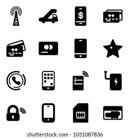 Solid vector icon set - antenna vector, trap truck, mobile payment, credit card, phone, star, horn, server wireless, power bank, lock, sim, generator