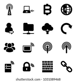 Solid vector icon set - antenna vector, notebook connect, bitcoin, globe, user login, network folder, upload cloud, redo, group, wi fi, server wireless, lock, binary code, link