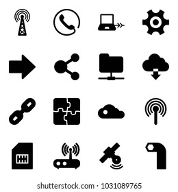 Solid vector icon set - antenna vector, phone, notebook connect, gear, right arrow, share, network folder, download cloud, link, puzzle, sim, wi fi router, satellite, allen key