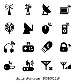 Solid vector icon set - antenna vector, satellite, notebook wi fi, mouse wireless, music player, headphones, joystick, usb, lock, key, router, no signal, fine