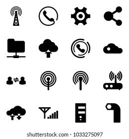 Solid vector icon set - antenna vector, phone, gear, share, network folder, upload cloud, horn, information exchange, wi fi router, data, fine signal, server, allen key