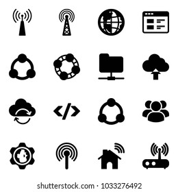 Solid vector icon set - antenna vector, globe, website, social, friends, network folder, upload cloud, refresh, tag code, community, group, gear, wireless home, wi fi router