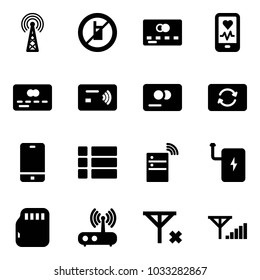 Solid vector icon set - antenna vector, no mobile sign, credit card, heart monitor, tap pay, exchange, phone, menu, server wireless, power bank, micro flash, wi fi router, signal, fine