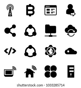 Solid vector icon set - antenna vector, bitcoin, website, user login, share, social, network folder, refresh cloud, tag code, community, gear globe, notebook wi fi, wireless home, atom core, server