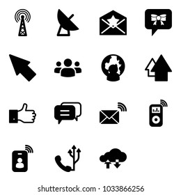 Solid vector icon set - antenna vector, satellite, star letter, bow message, cursor, group, man globe, arrow up, finger, dialog, wireless mail, music player, identity card, phone