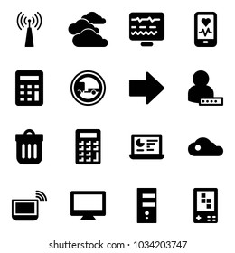 Solid vector icon set - antenna vector, clouds, diagnostic monitor, mobile heart, calculator, no trailer road sign, right arrow, user password, trash bin, statistics, cloud, notebook wi fi, server